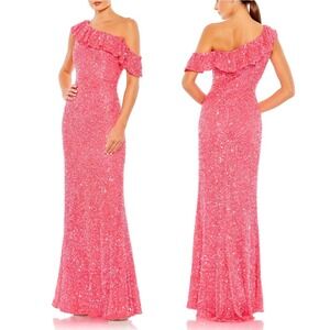 NWT Mac Duggal Bright Pink Sequined Drop Shoulder Trumpet Gown 5611 Size 14
